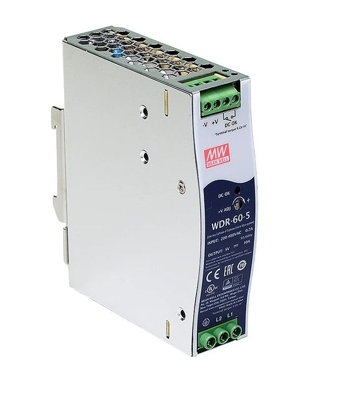 Блок питания AC/DC на DIN-рейку 1-2-фазное 180-550В, 5В 10А 50Вт WDR-60-5 MEAN WELL