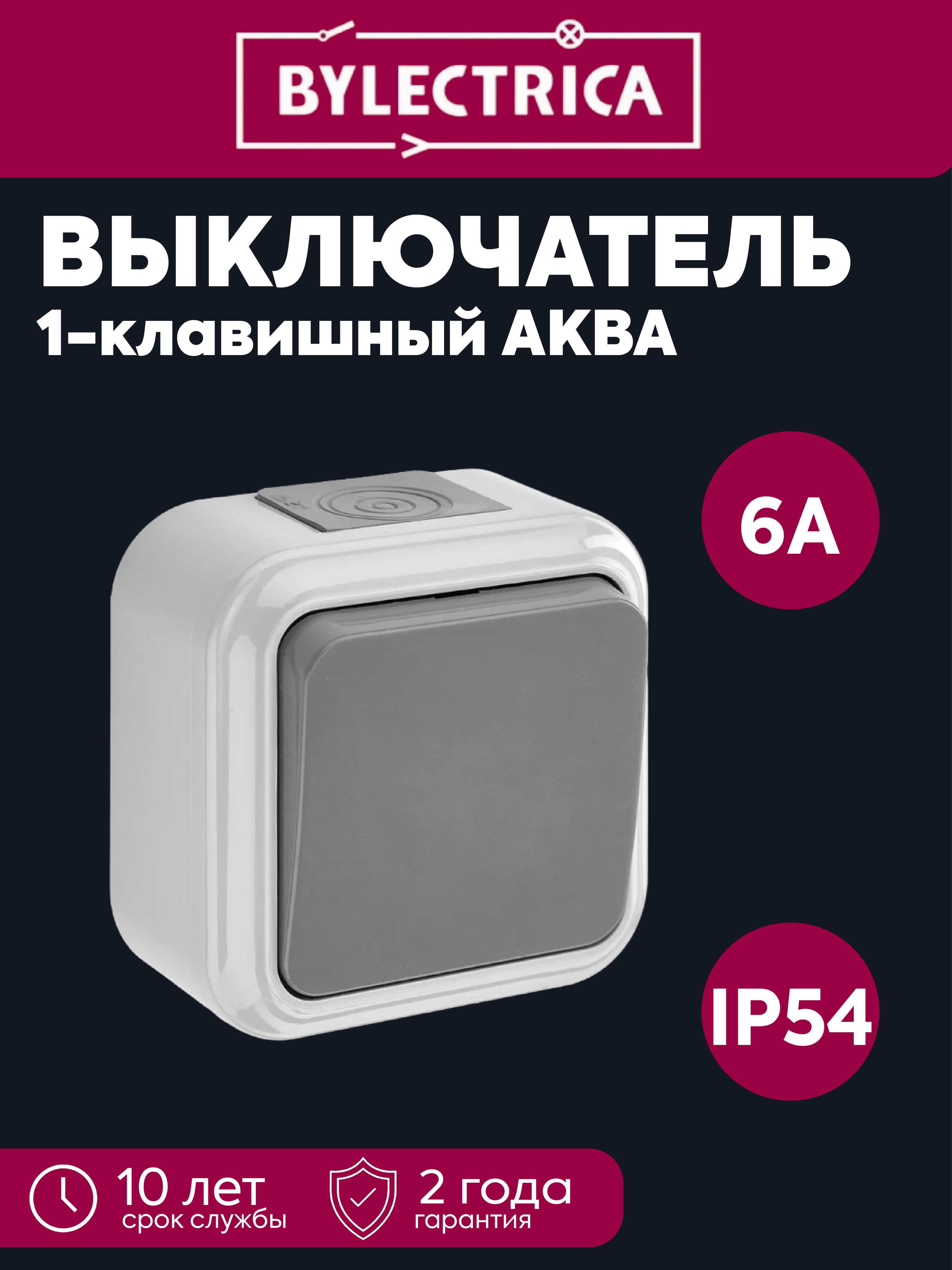 Выключатель 1-клавишный ОУ IP54 серый Пралеска Аква Bylectrica А16-222(03)