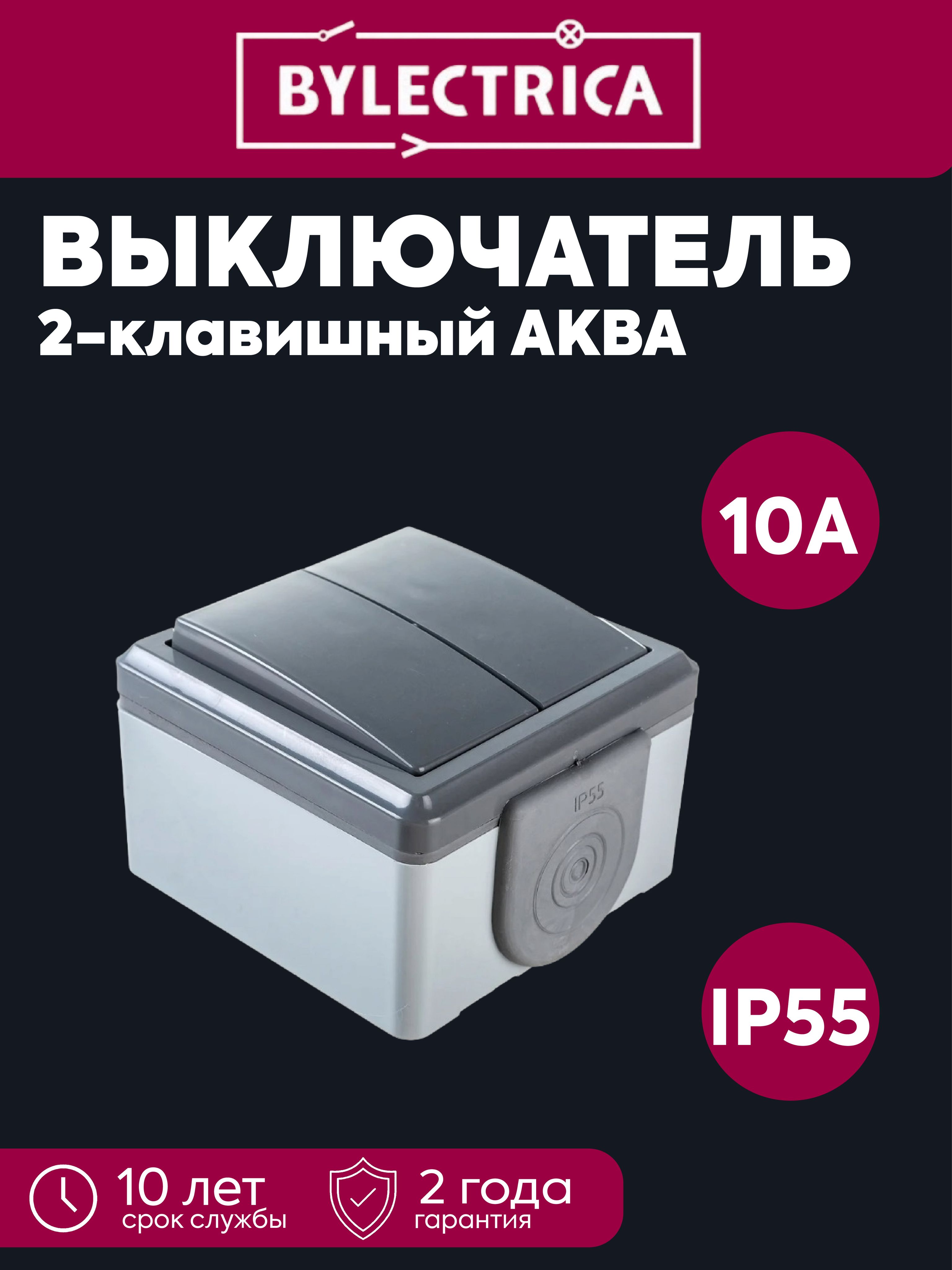 Выключатель 2-клавишный ОП IP55 серый Пралеска Аква Bylectrica А510-2132(03)