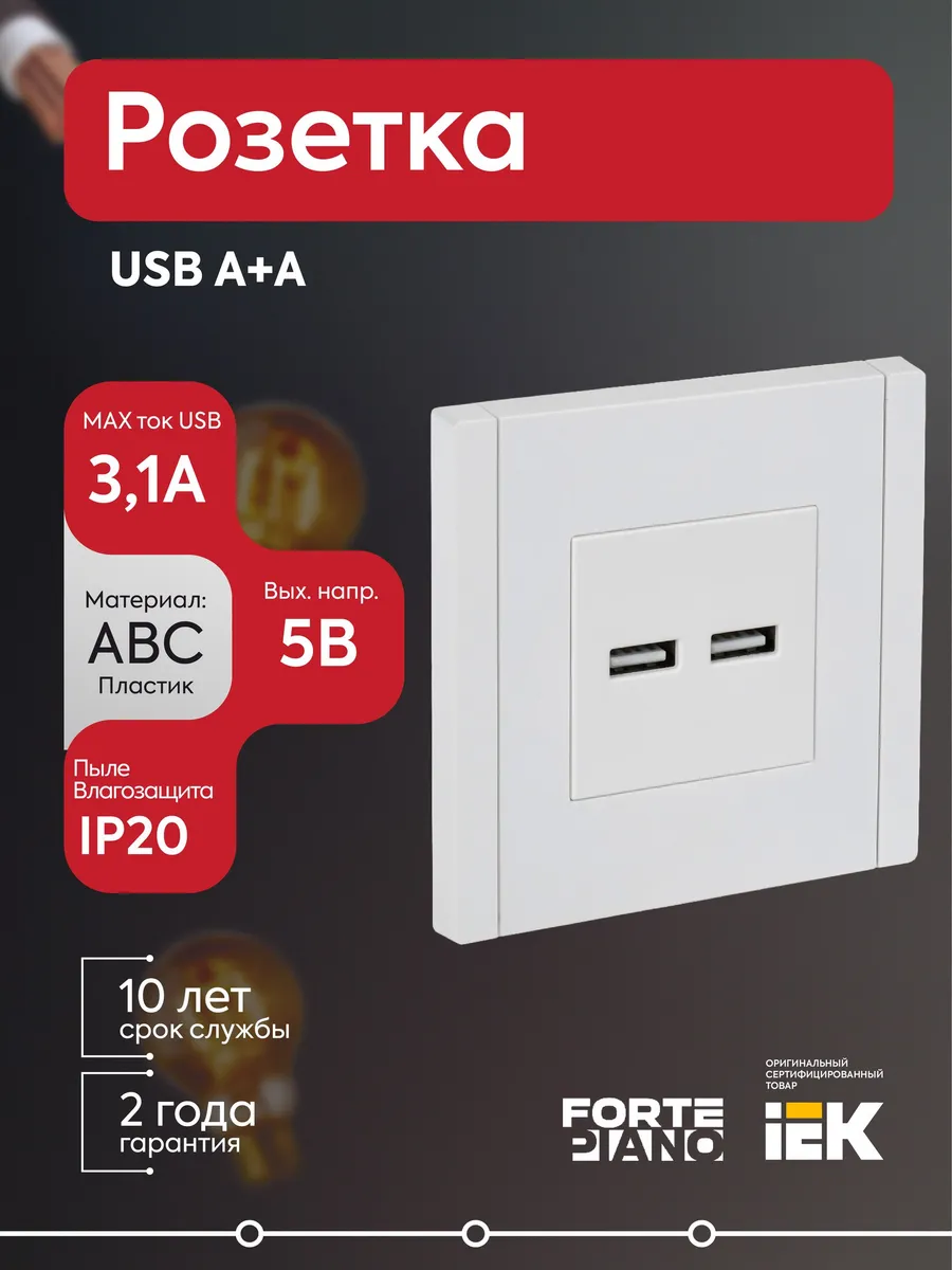 Розетка USB A+A 3.1А FORTEPIANO FP249 бел.