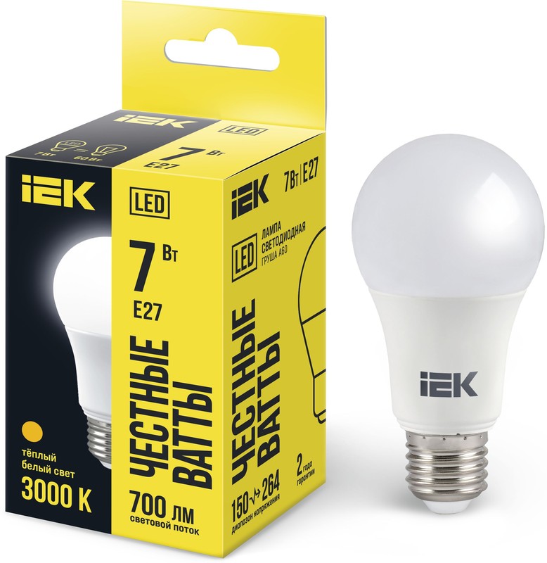 IEK Лампочка, Цоколь:E27, 7 Вт, Светодиодная, 1 шт.