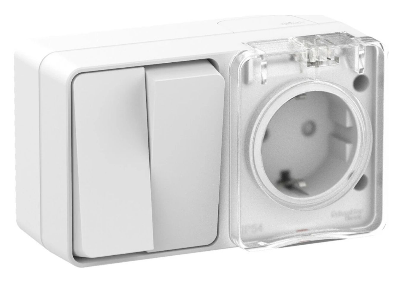 Блок ОП AtlasDesign Profi54 (розетка 16А 250В с заземл. защ. шторки + 2-кл. выкл. 10А) IP54 бел. SE