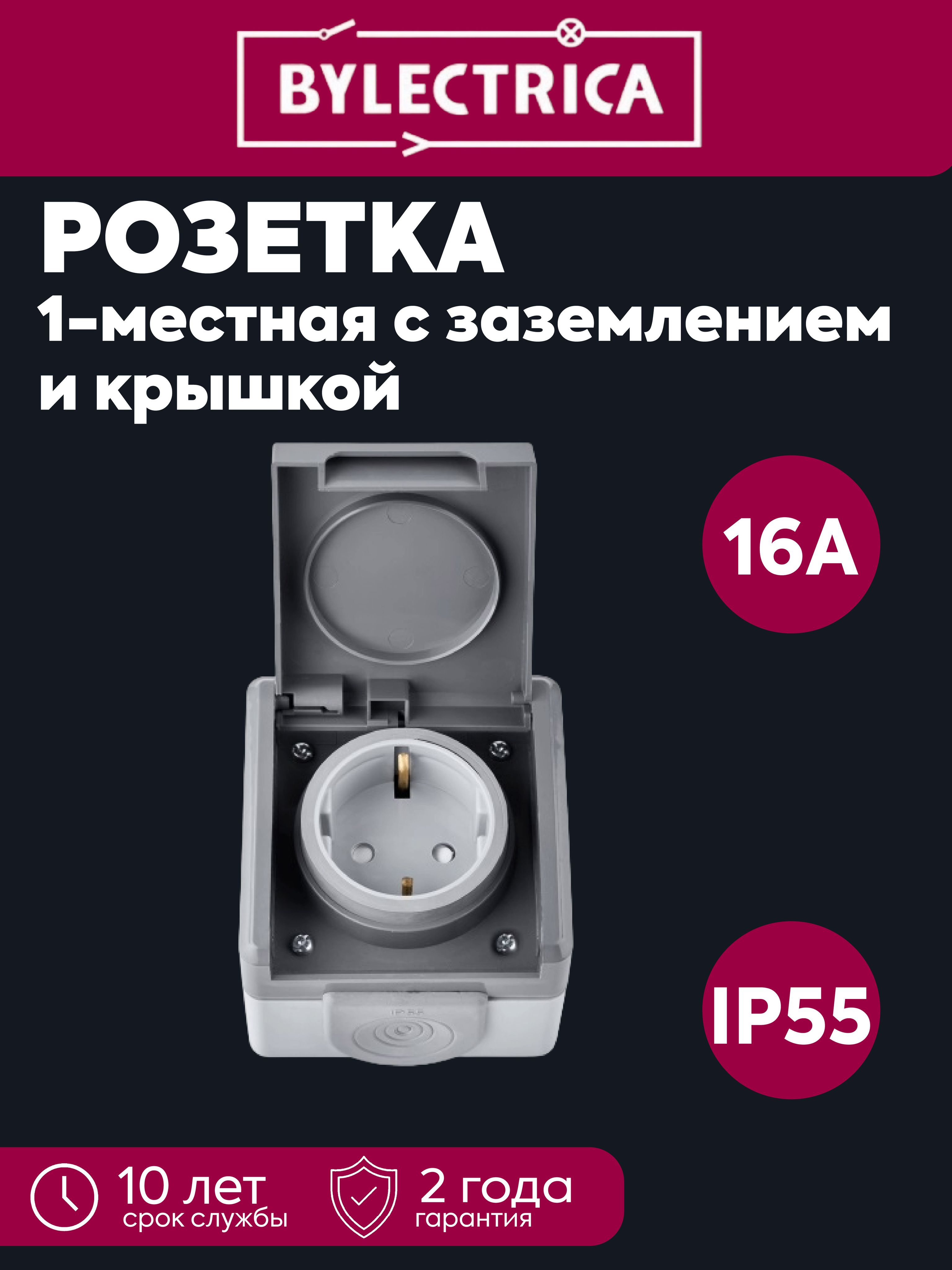Розетка 1-местная ОП 16А IP55 с заземлением с крышкой Пралеска Аква серая Bylectrica РА16-0152(03)