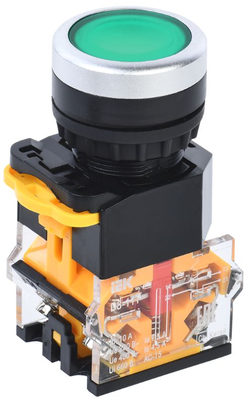 Кнопка управления D8-11T d22мм 1NO+1NC с фиксацией зеленая IEK