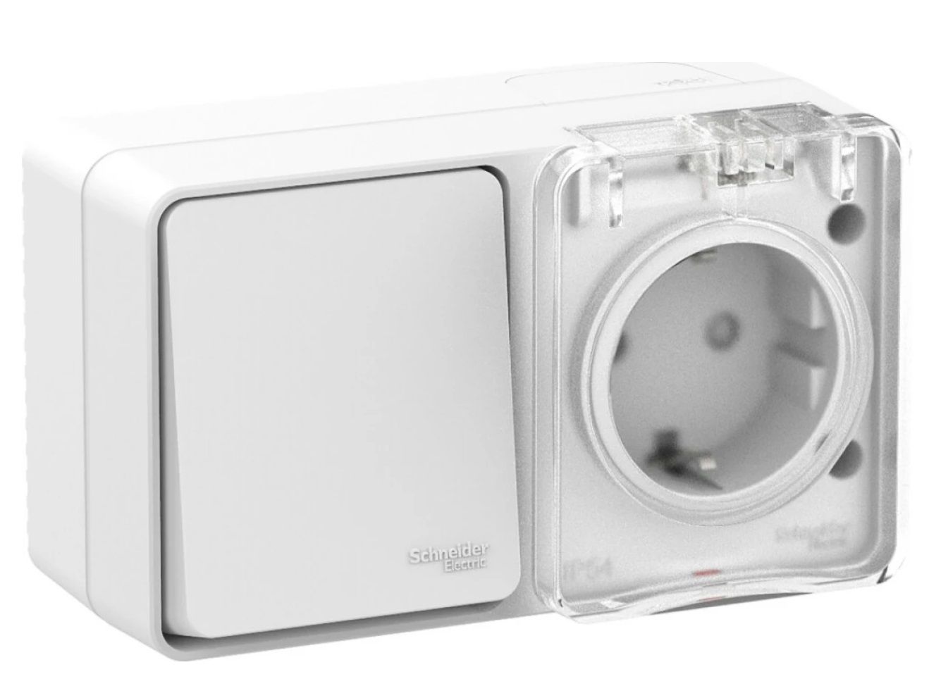 Блок ОП AtlasDesign Profi54 (розетка 16А 250В с заземл. защ. шторки + 1-кл. выкл. 10А) IP54 бел. SE