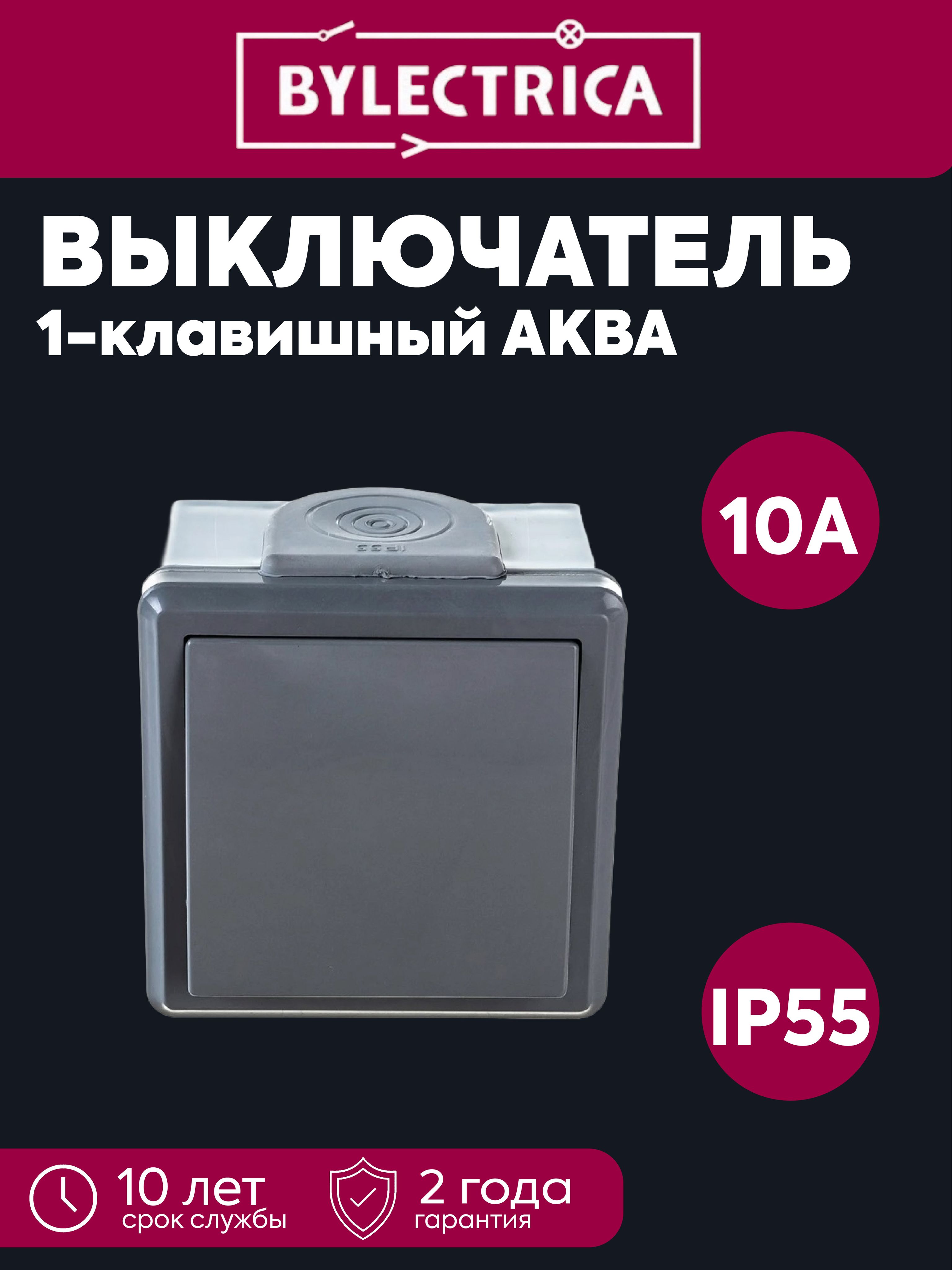 Выключатель 1-клавишный IP55 серый Пралеска Аква Bylectrica А110-2131(03)