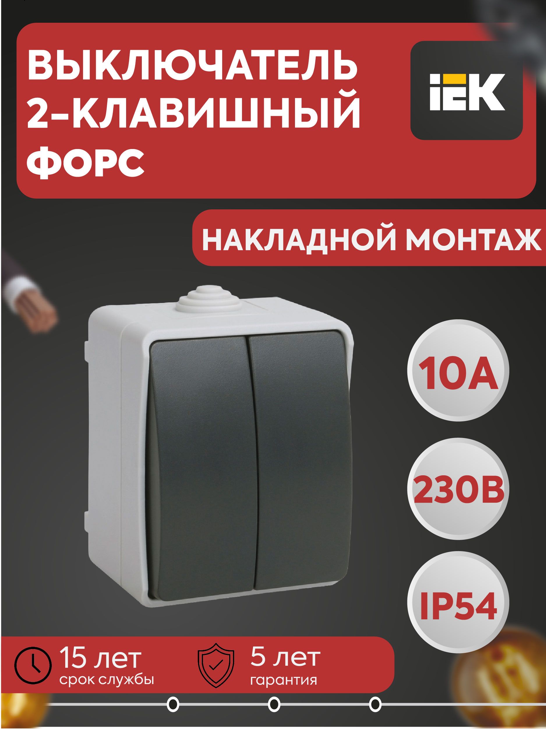 Выключатель 2-кл. ОП Форс 10А IP54 ВС20-2-0-ФСр 250В сер. IEK