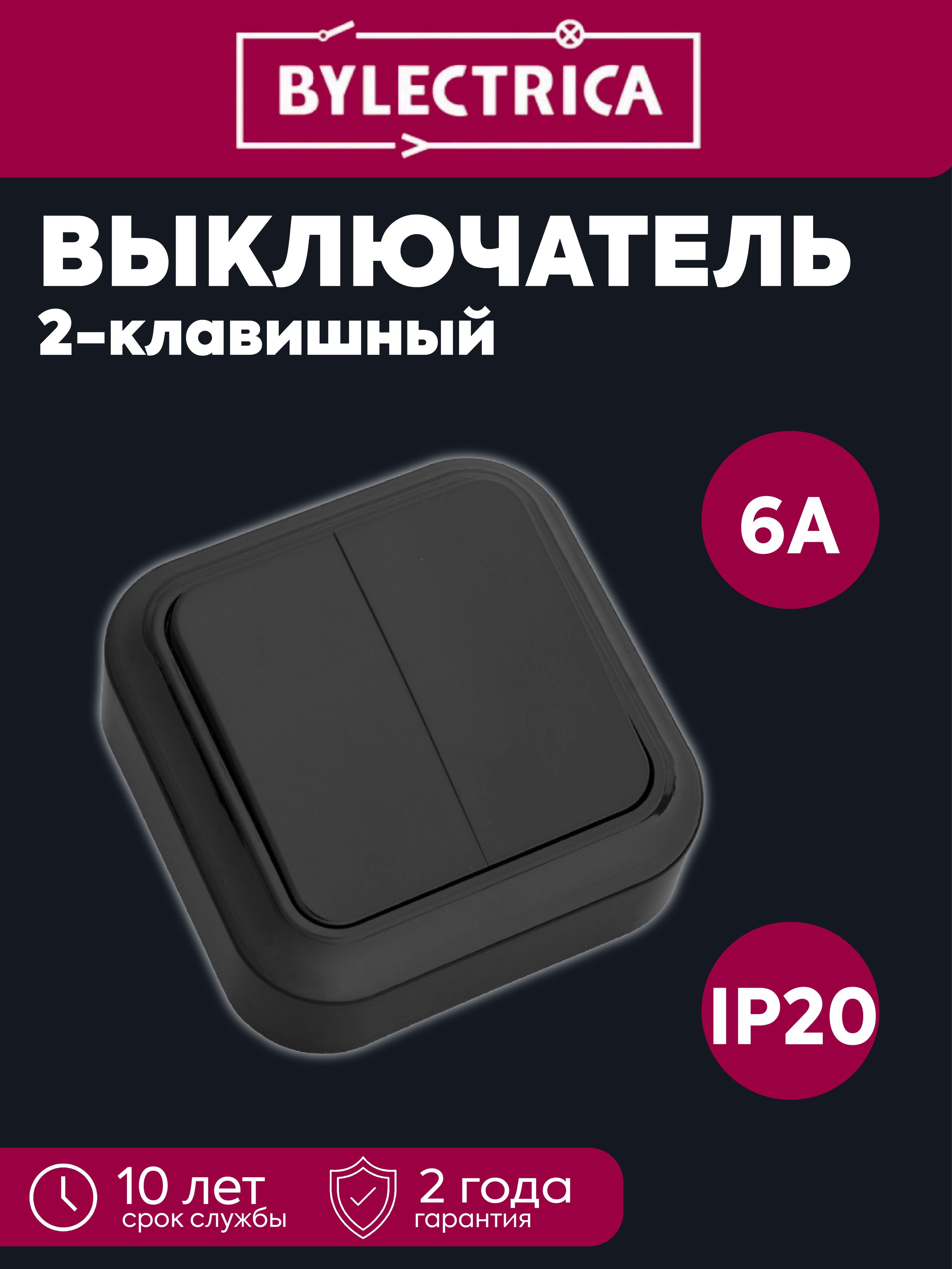 Выключатель 2-клавишный ОП 6А IP20 черный Пралеска Bylectrica А56-134 черн