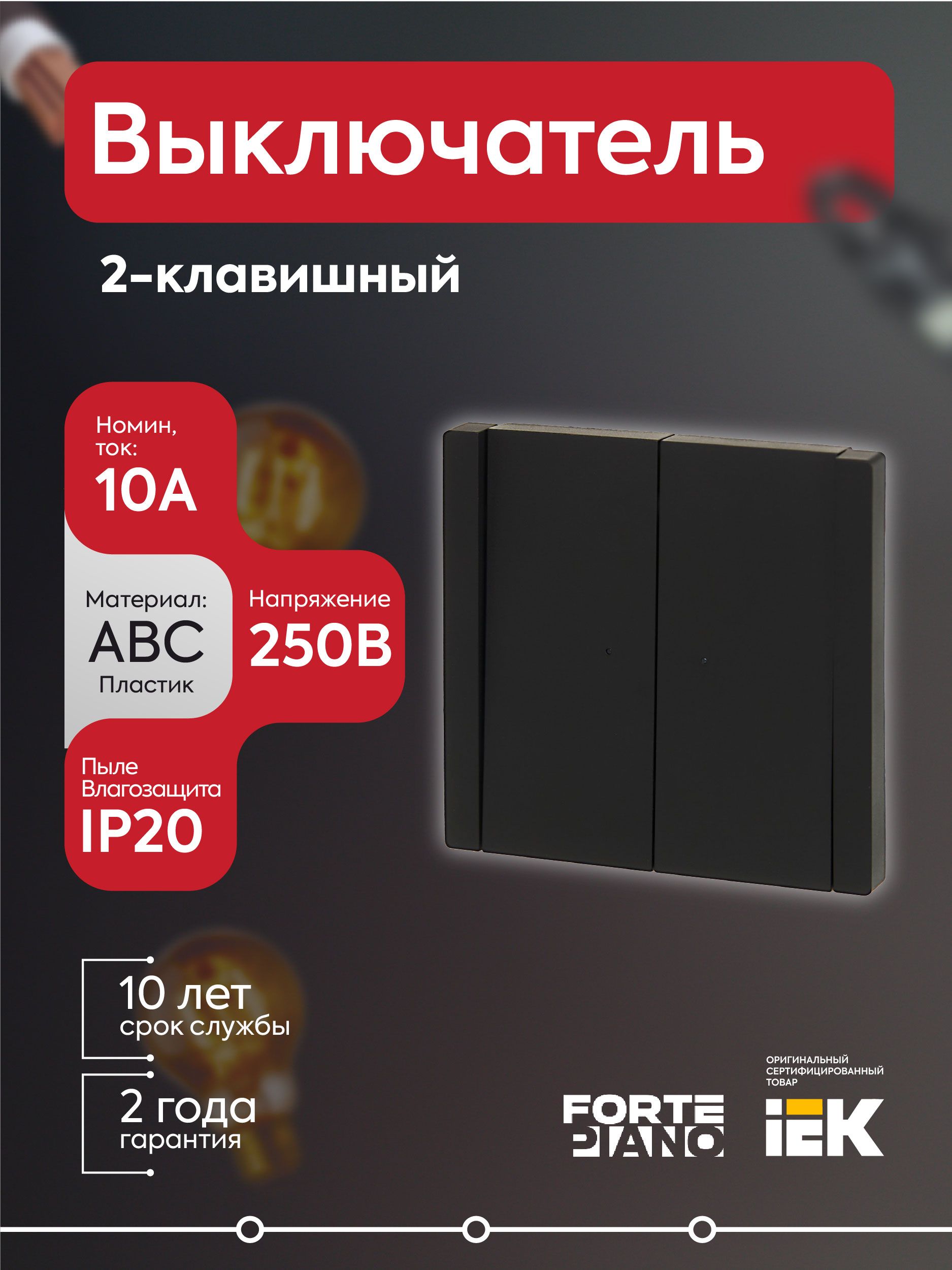 Выключатель 2-кл. СП FORTE&PIANO 10А FP105 черн. IEK FP-V20-0-10-1-K02